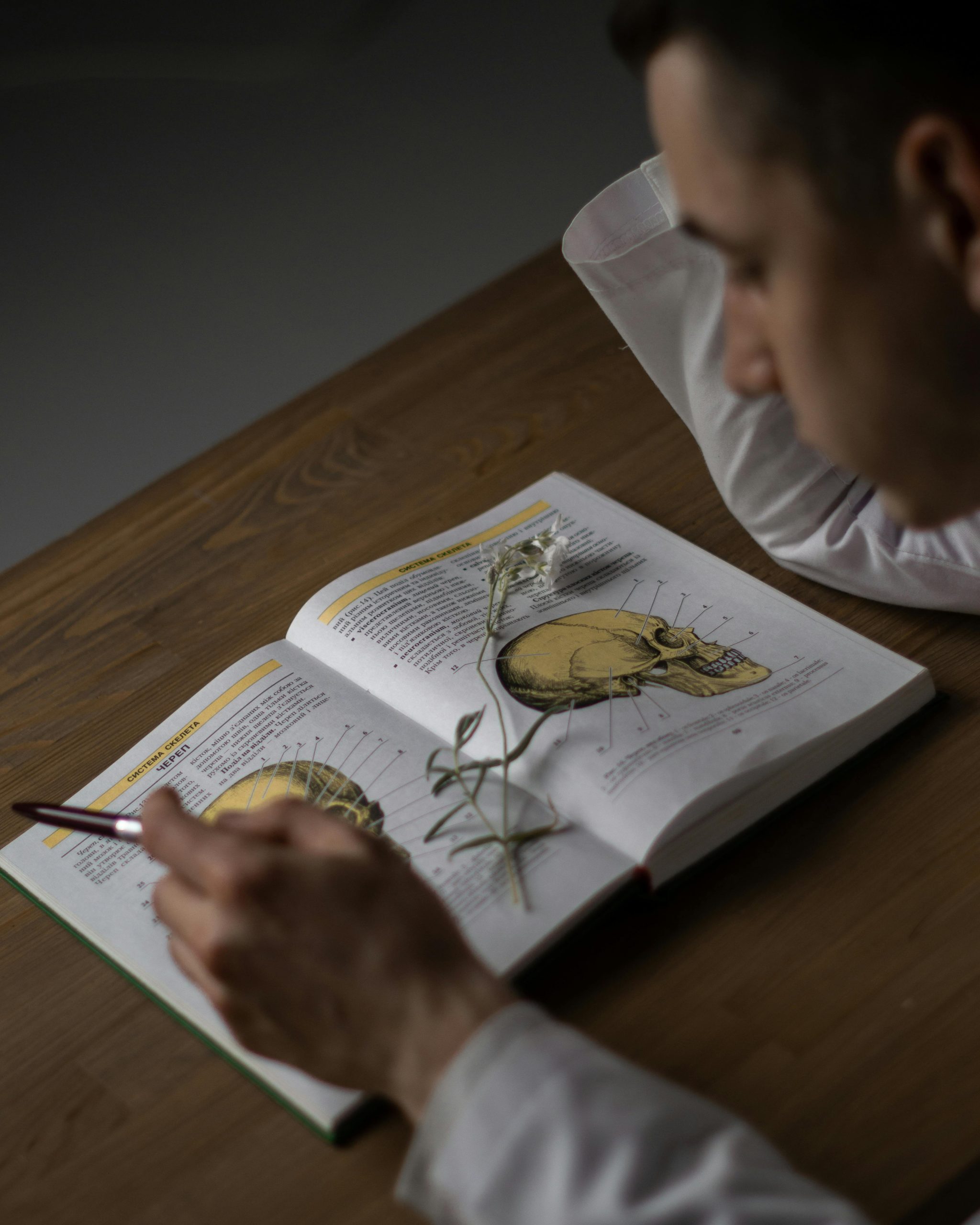 Adult man studying a biology book with anatomical illustrations using a pen in a quiet setting.